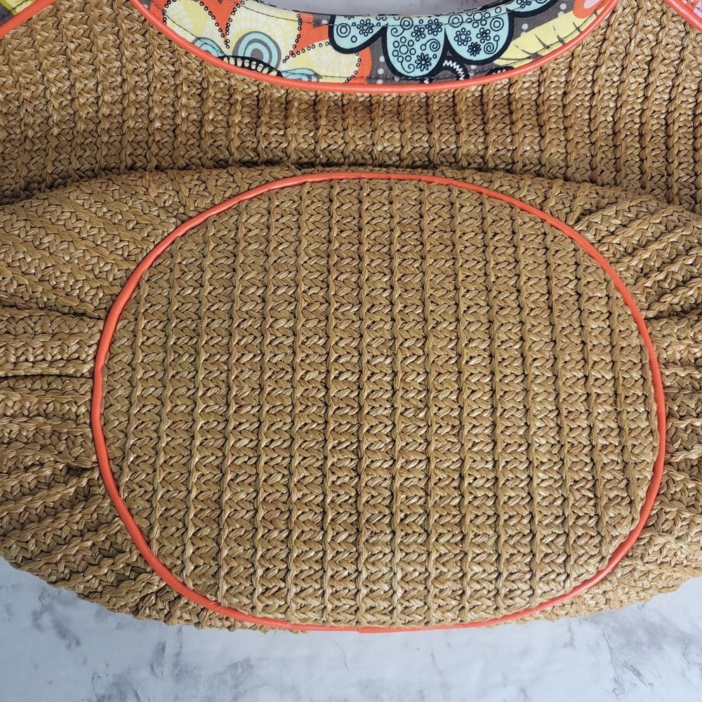 Vera Bradley Straw Tote Bag Tan Woven Floral Trim Orange Braided Handles Boho - Picture 10 of 12
